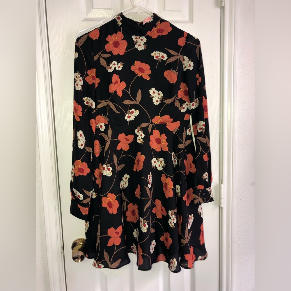 Re:named black midi dress. Long sleeve.Black with orange flowers pattern. Sz xs